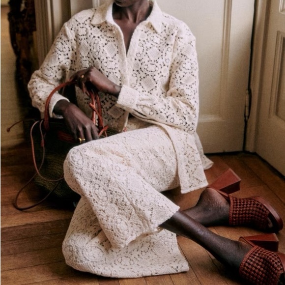 NWT Sezane Fausto Cotton Crochet Lace Knit Wide Leg Trousers Pants Ecru - Picture 3 of 13